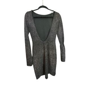 Lovely Day Black Glitter Dress Bodycon V Shaped Open Back Size Small